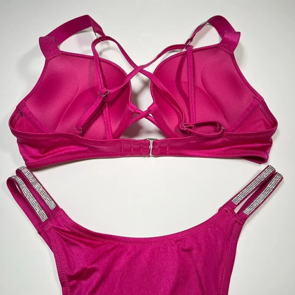 Victoria Secret 36A M Bombshell Push Up Bikini Top Set Shine Strap Berry Blush